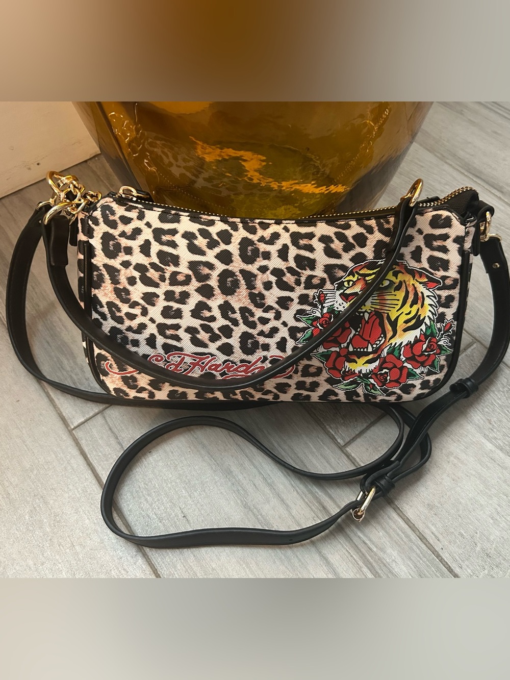 Ed Hardy Leopard Print Shoulder/crossbody Bag with Tiger & Rose Motif